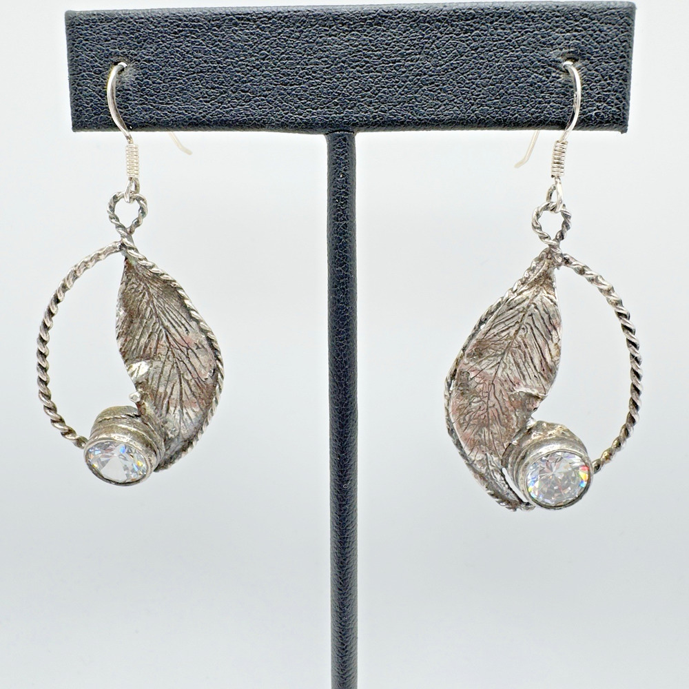 Artisan Sterling Silver CZ Earrings Leaf Modernist Artistic 2" - Picture 3 of 7